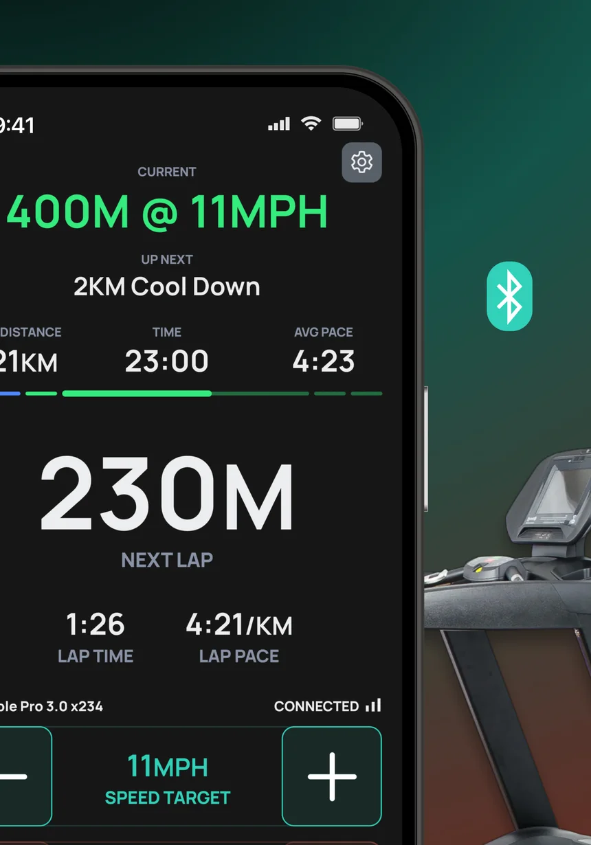 Runna treadmill session with a 400 m interval at 11 mph, lap pace and speed target