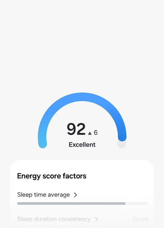Samsung Health Energy Score of 92, rated Excellent, with the energy score factors listed below