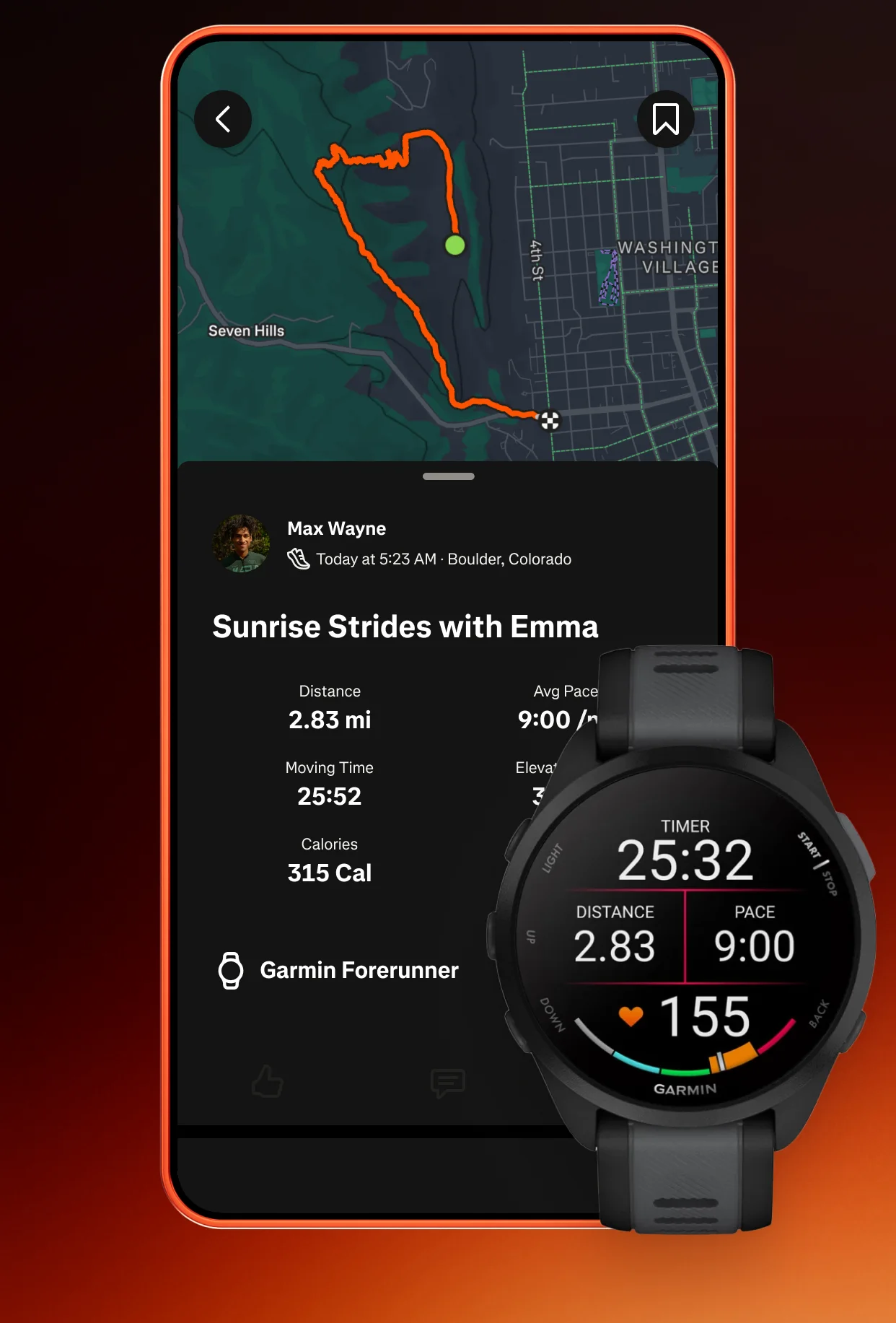 Strava activity for a morning run with route map, distance and pace, recorded on a Garmin Forerunner