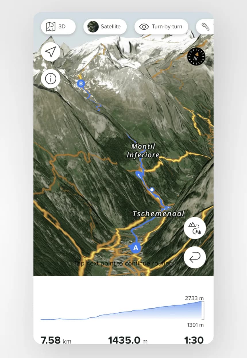 Suunto app 3D mountain route with an elevation profile climbing 1,435 m over 7.58 km