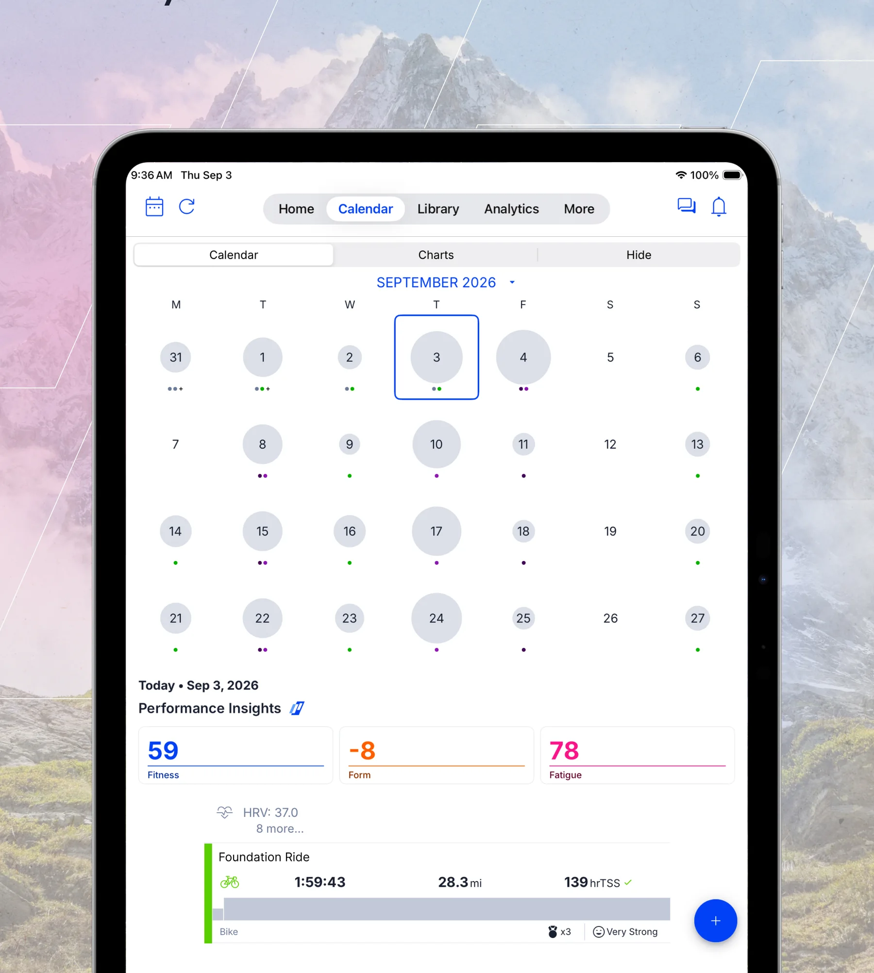 TrainingPeaks calendar on iPad with Fitness, Form and Fatigue and a completed ride with its TSS