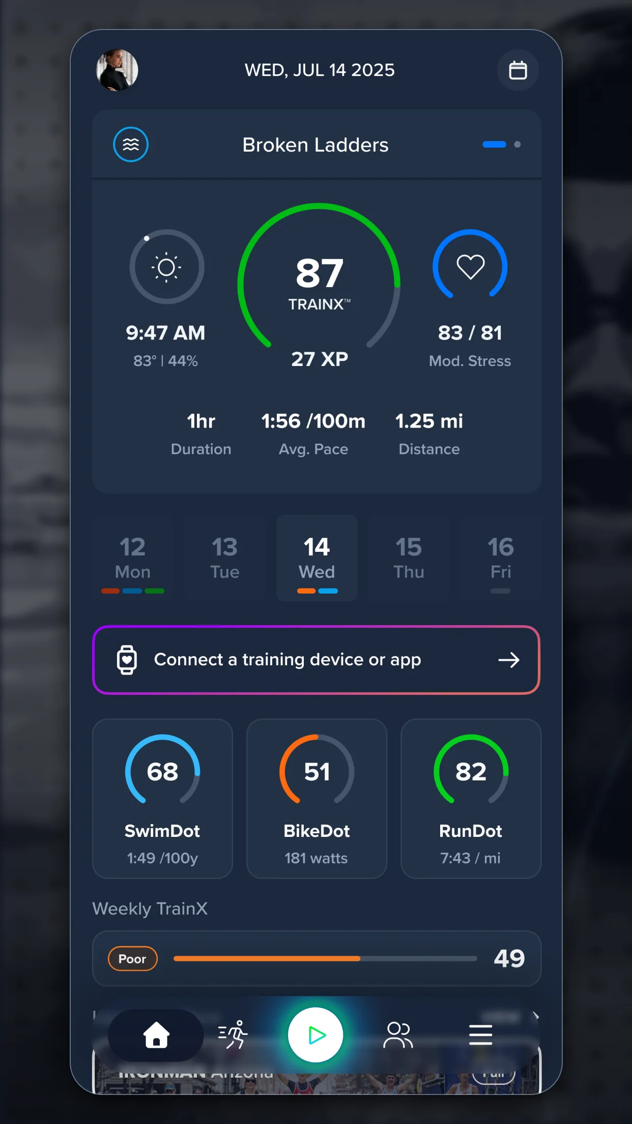 TriDot app dashboard with today's triathlon training and weekly progress