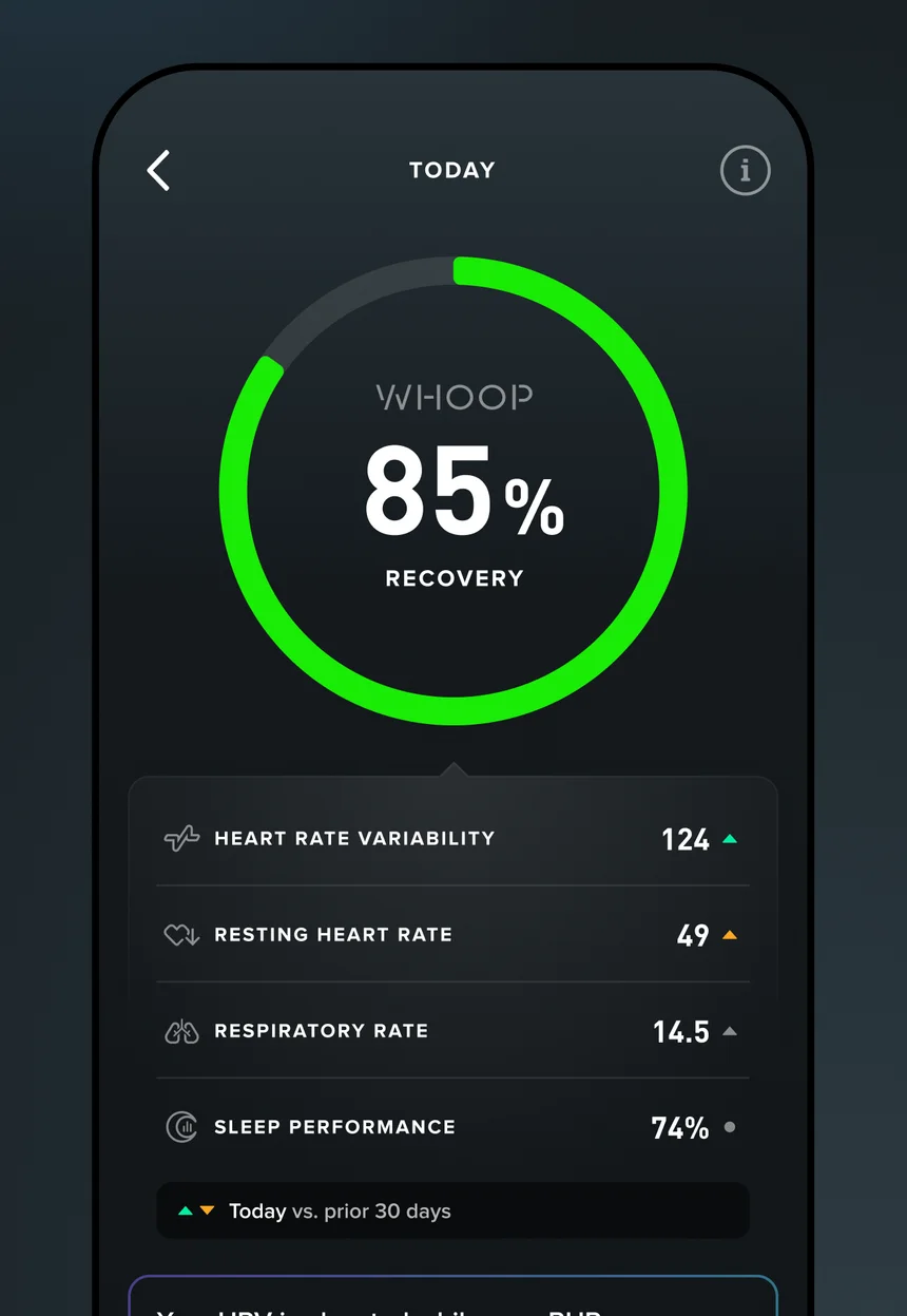 WHOOP app Recovery screen showing 85% recovery with HRV, resting heart rate and respiratory rate
