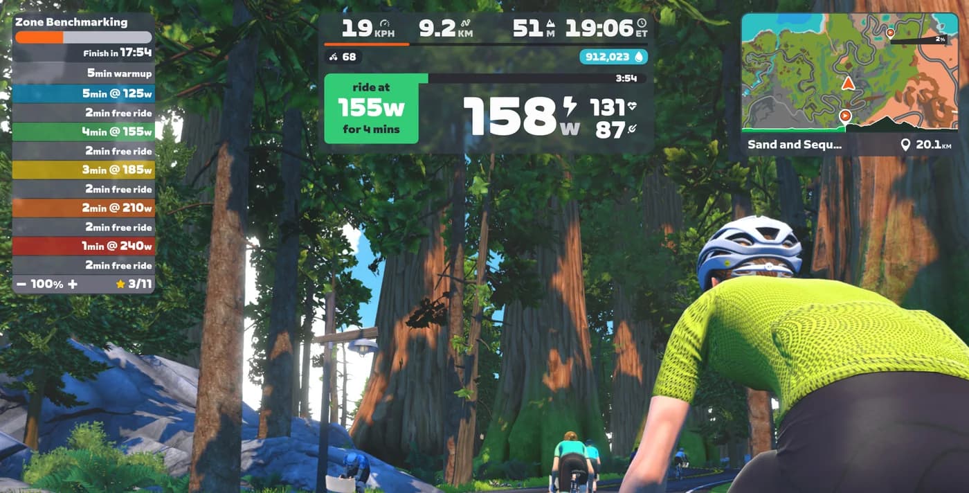 Zwift workout in ERG mode with interval targets, current power of 158 watts and a route map